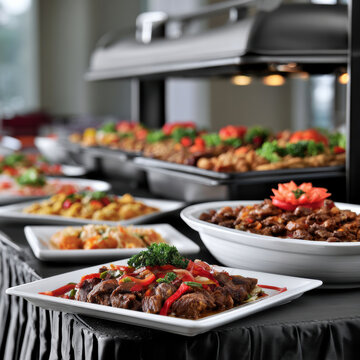 Buffet lunch business food red white plate meat vegetable catering event delicious fresh gourmet indoor table