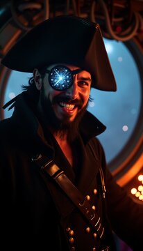 futuristic space pirate captain with glowing galaxy eyepatch portrait