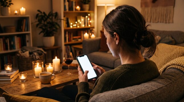 A woman relaxes in a cozy, candlelit living room at night, sitting on a couch while browsing on her smartphone with a soft, warm ambiance creating a tranquil atmosphere.
