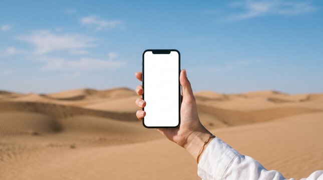A hand holding a smartphone with a blank white screen against a vast, sunny desert landscape with rolling sand dunes under a clear blue sky
