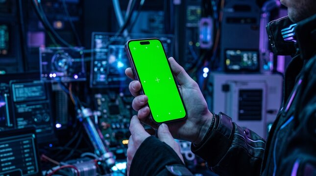 A close-up of a person holding a smartphone with a bright green screen against a backdrop of a complex, dimly lit industrial control room filled with electronic equipment and glowing displays.