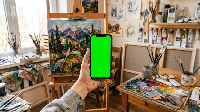 A first-person view of a hand holding a smartphone with a blank green chroma key screen in front of a cozy, sunlit artist's studio workspace filled with easels, paintbrushes, and canvases.