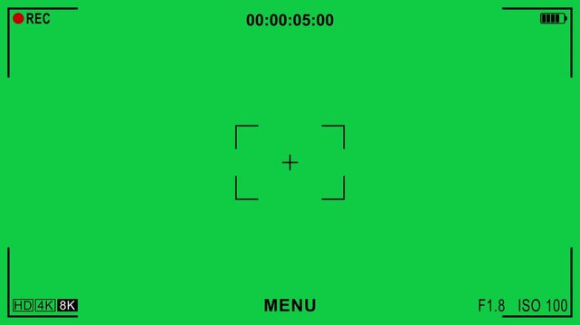 Camera viewfinder recording display and green screen background footage. Screen of video recorder digital display with photo camera frame overlay. Live cam cctv mobile phone cam Chroma key interface.