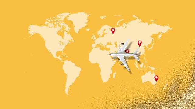 Travel Discover Visit Airplane Flying over world Map. Airplane Flying Distribution of products