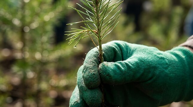 Gloved hand holding a young pine tree seedling for planting