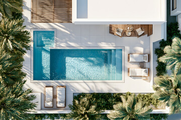 Obraz premium Aerial shot of a premium swimming pool and garden landscape design. Modern beach house architecture with tropical palms. Top-down perspective. Ideal private villa for hotel or resort rental. 3D render
