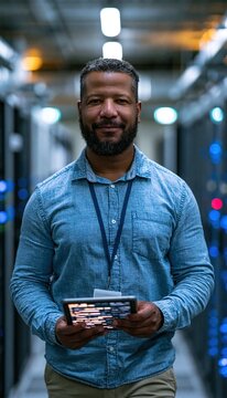 Cybersecurity engineer walking in secure server room with tablet