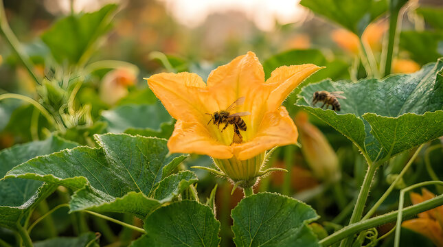 A honey bee pollinating a vibrant yellow pumpkin flower in a lush green vegetable garden patch