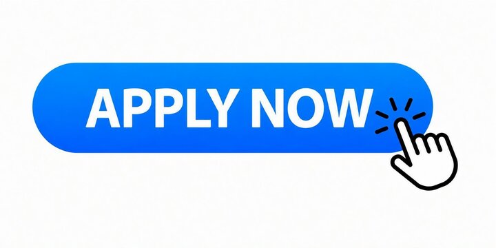 Blue apply now button with click animation and finger pointing