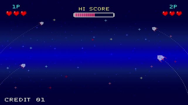 PRESS START. INSERT A COIN TO CONTINUE. pixel art 8 bit. Retro Futurism Sci-Fi Background. glowing neon grid and stars from vintage arcade computer games