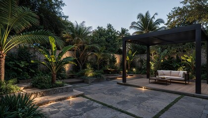 Fototapeta premium Modern outdoor patio with pergola and tropical garden