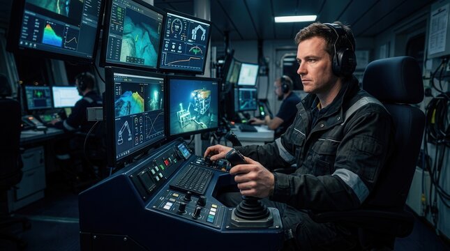 Offshore operator controlling underwater vehicle from ship bridge with multiple monitors displaying sonar and ROV feeds.