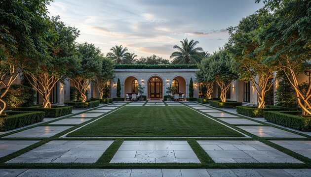 Luxury courtyard garden with symmetrical landscaping and evening lighting