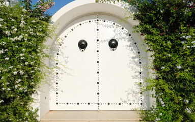 Obraz premium White Mediterranean building and Bougainvillea in Mediterranean Town