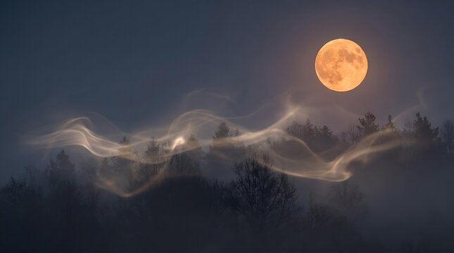 Full Moon With Spooky Ethereal Fog Over Dark Forest Silhouette at Night for Design Background