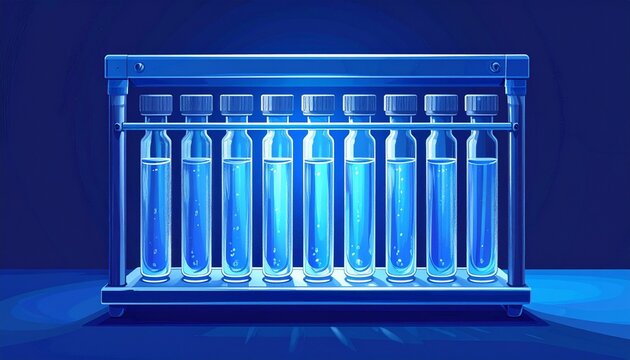 Glowing laboratory test tubes in a rack with blue light.
