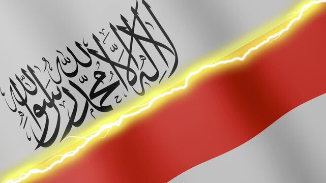 Two waving flags Afghanistan and Indonesia with diagonal lightning seamless, 4k loop