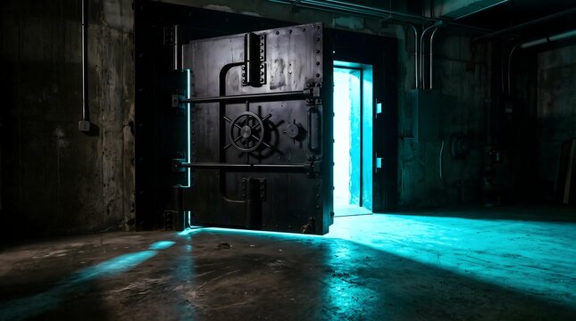 heavy metal bank vault door open with glowing blue light in dark industrial concrete room for design background