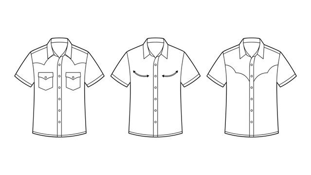 Men's short sleeve western cowboy shirt flat sketch illustration set, pointed yoke shirts for casual wear fashion illustration template mock up