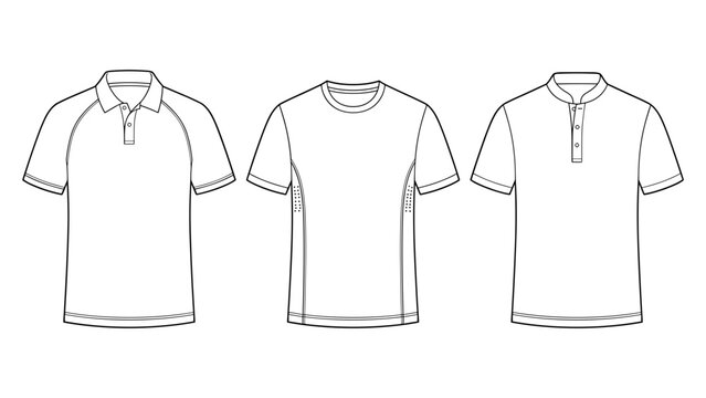 Men's short sleeve polo, crew neck tee and henley flat sketch illustration, sporty active performance shirt for casual wear fashion illustration template mock up