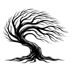 Fototapeta premium Black silhouette of a twisted leafless tree bending in the wind isolated on a white background