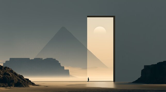 Surreal desert landscape with lone figure before illuminated portal, fantasy themed horizontal banner,dune desert style