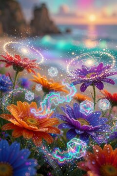 Fiori magici colorati con geometrie luminose e polvere di stelle sulla spiaggia al tramonto