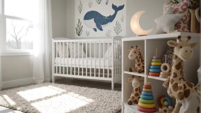 Nursery room interior with white wooden crib and blue whale wall art in bright natural light featuring soft carpet plus wooden shelves with toys and decor.