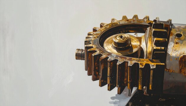 Close up of rusted brass gears on industrial machinery.
