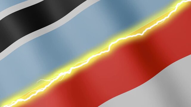 Two waving flags Botswana and Indonesia with diagonal lightning seamless, 4k loop
