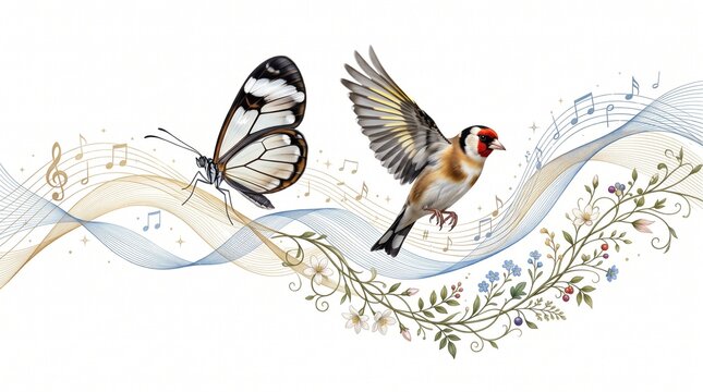 Vintage watercolor bird and butterfly illustration, musical notes with floral garden elements, elegant nature art banner isolated PNG with Transparent Background