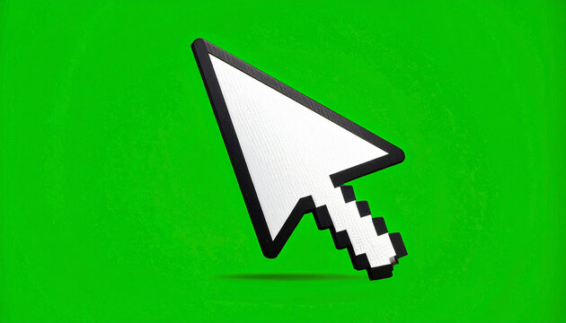 Pixelated white computer mouse cursor icon with black outline on bright green background, digital design