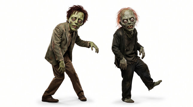 Two spooky 3D stylized zombies in tattered clothes walking on an isolated white background