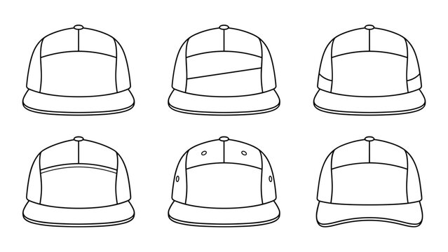 Five Panel Camper Hat Set Technical Drawing Illustration Blank Streetwear Mock-up Template for Design and Tech Packs CAD Construction