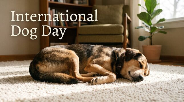 International Dog Day greeting card, sleeping dog on living room rug, cozy pet home interior with holiday text
