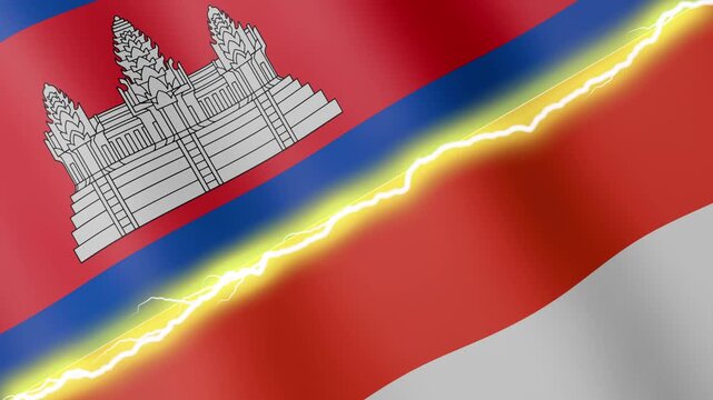 Two waving flags Cambodia and Indonesia with diagonal lightning seamless, 4k loop