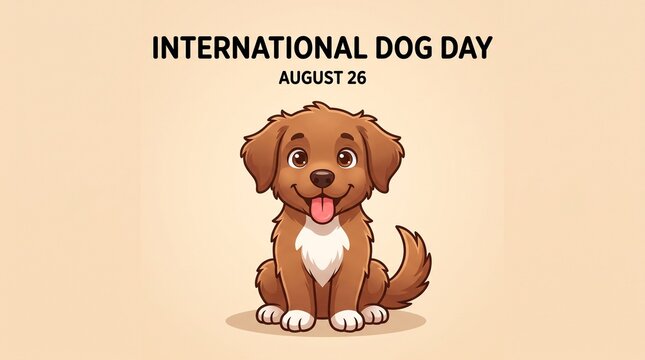 International Dog Day August 26 banner, cute cartoon puppy illustration, brown dog character on beige background for social media