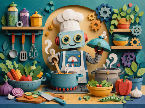 Cheerful robot chef preparing a healthy vegetable meal in a colorful kitchen, created as a playful layered paper cut illustration with cooking utensils, pots, plants, and gears.
