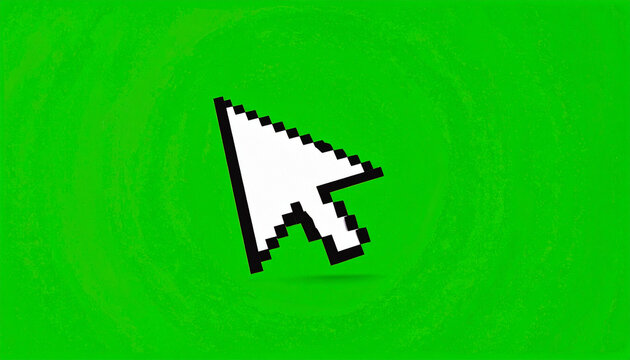 Pixelated white computer cursor arrow pointing up on a vibrant green background with a shadow effect