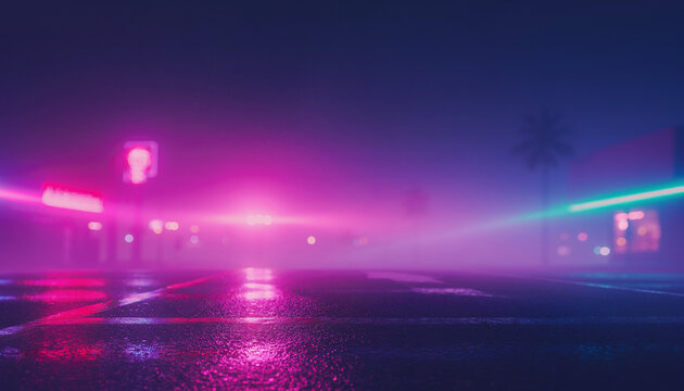 1980s Synthwave Neon Street Background with Copy Space