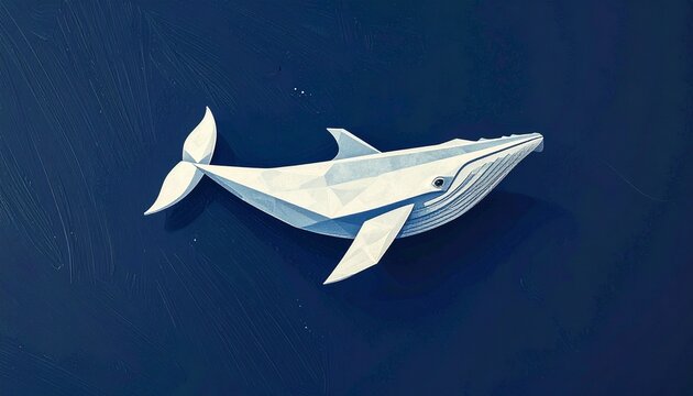 Origami whale swimming in deep blue ocean background.