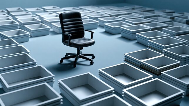 Executive chair surrounded by converging blank inbox trays in blue - gray office setting