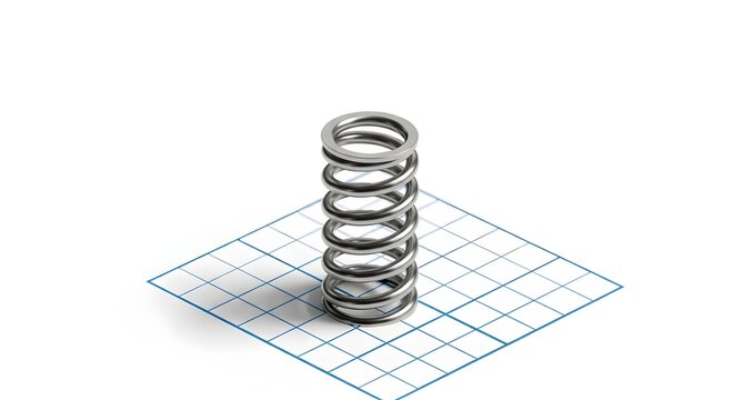 Metal Compression Spring Standing on Grid Paper Surface.