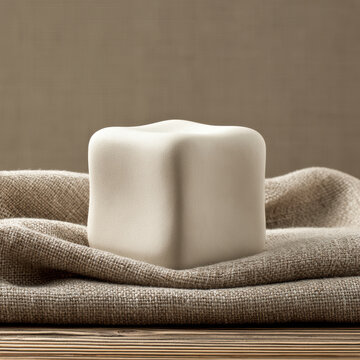 Matte ceramic cube sits on textured linen fabric, soft neutral tones, minimalistic style, calm atmosphere, natural light