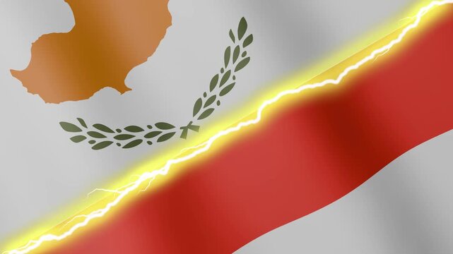 Two waving flags Cyprus and Indonesia with diagonal lightning seamless, 4k loop