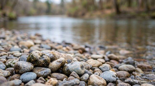 Close-up of smooth river gravel and wet pebbles along the bank of a clear flowing stream with a soft-focus forest background.