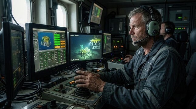 Offshore worker monitors ROV operations on ship bridge, controlling underwater exploration and oil and gas industry tasks.