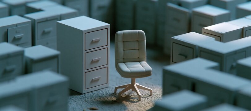Minimal office maze of filing cabinets with single chair at center
