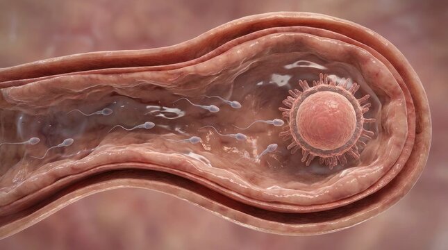Microscopic life origin: human reproduction, sperm movement, ovum unite, embryo develop, female anatomy, fertilization process, cell divide, internal journey, future organism.