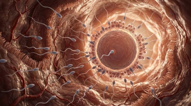 Biological life genesis: realistic internal, human reproduction, sperm navigation, female system, fertilization process, early development, embryonic journey, cellular view.